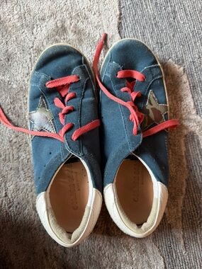 Golden Goose Teal Suede Kids Sneakers with Camo star and Coral Laces